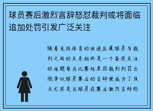 球员赛后激烈言辞怒怼裁判或将面临追加处罚引发广泛关注