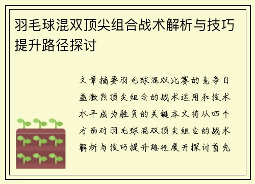 羽毛球混双顶尖组合战术解析与技巧提升路径探讨
