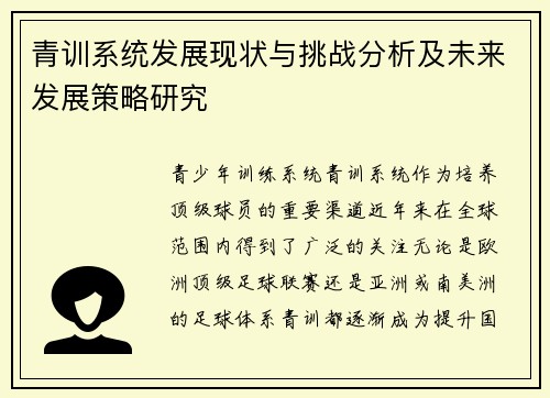 青训系统发展现状与挑战分析及未来发展策略研究