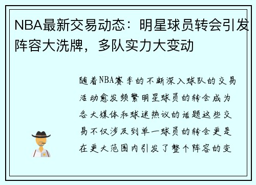 NBA最新交易动态：明星球员转会引发阵容大洗牌，多队实力大变动